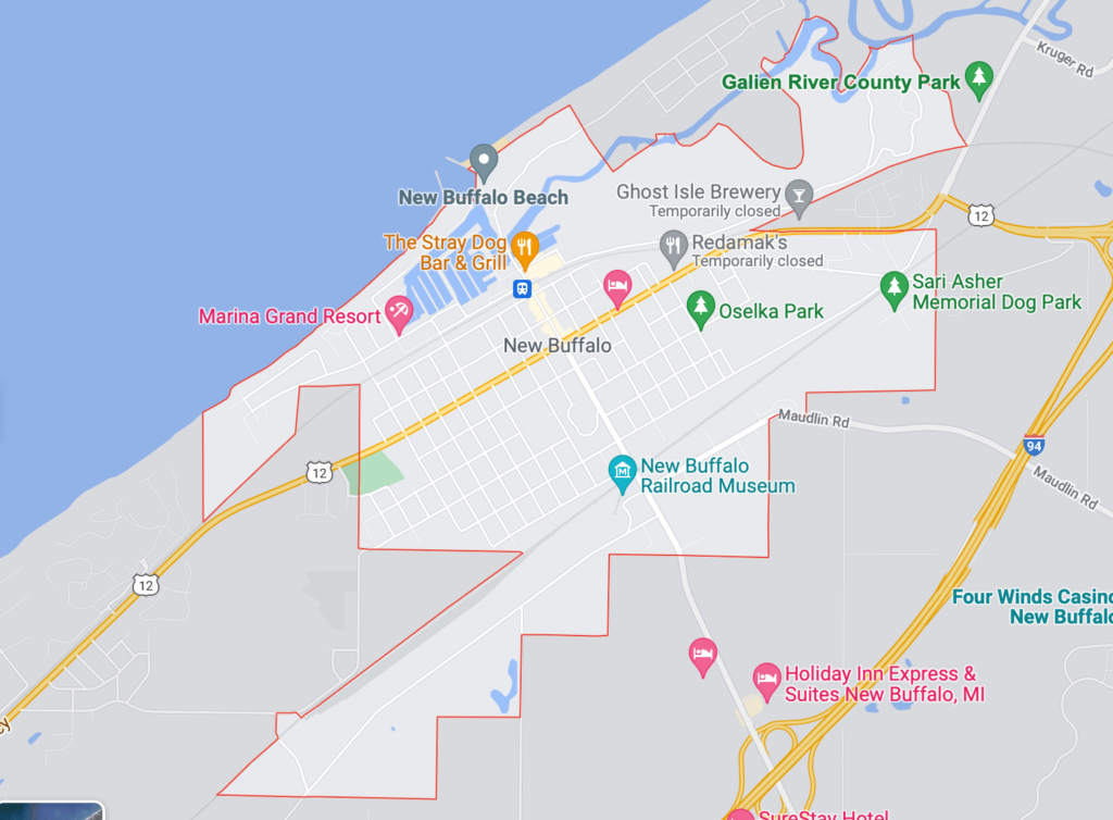 A map view of the city of New Buffalo, Michigan