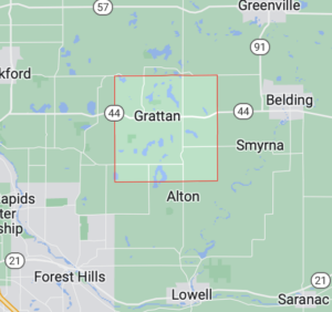 A map image of the Grattan Township lines. It shows towns inside and outside of the township lines.