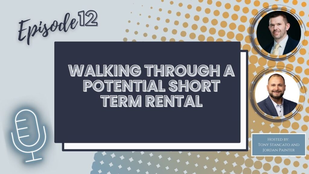 A podcast design image with the words "episode 12" and "walking through a potential short term rental."