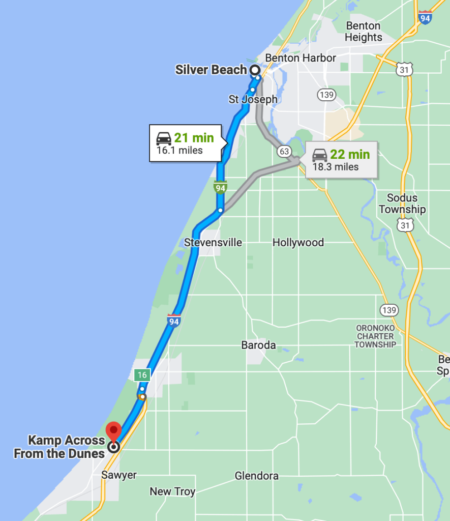A map of the driving distance from Silver Beach, St Joseph, Michigan to Kamp Across from the Dunes in Sawyer, Michigan. 