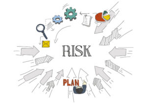 A visual showing a bunch of arrows pointing towards risk and a person with the word plan in front of them.