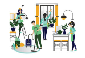A vector image of a people cleaning a residential property. Portraying an Airbnb cleaning company.