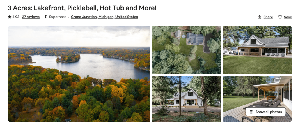 A screenshot of an Airbnb listing 3 Acres: Lakefront, Pickleball, Hot Tub and More! 