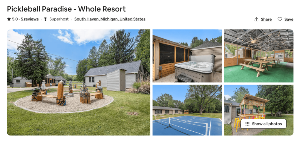 A screenshot of an airbnb listing Pickleball Paradise. 